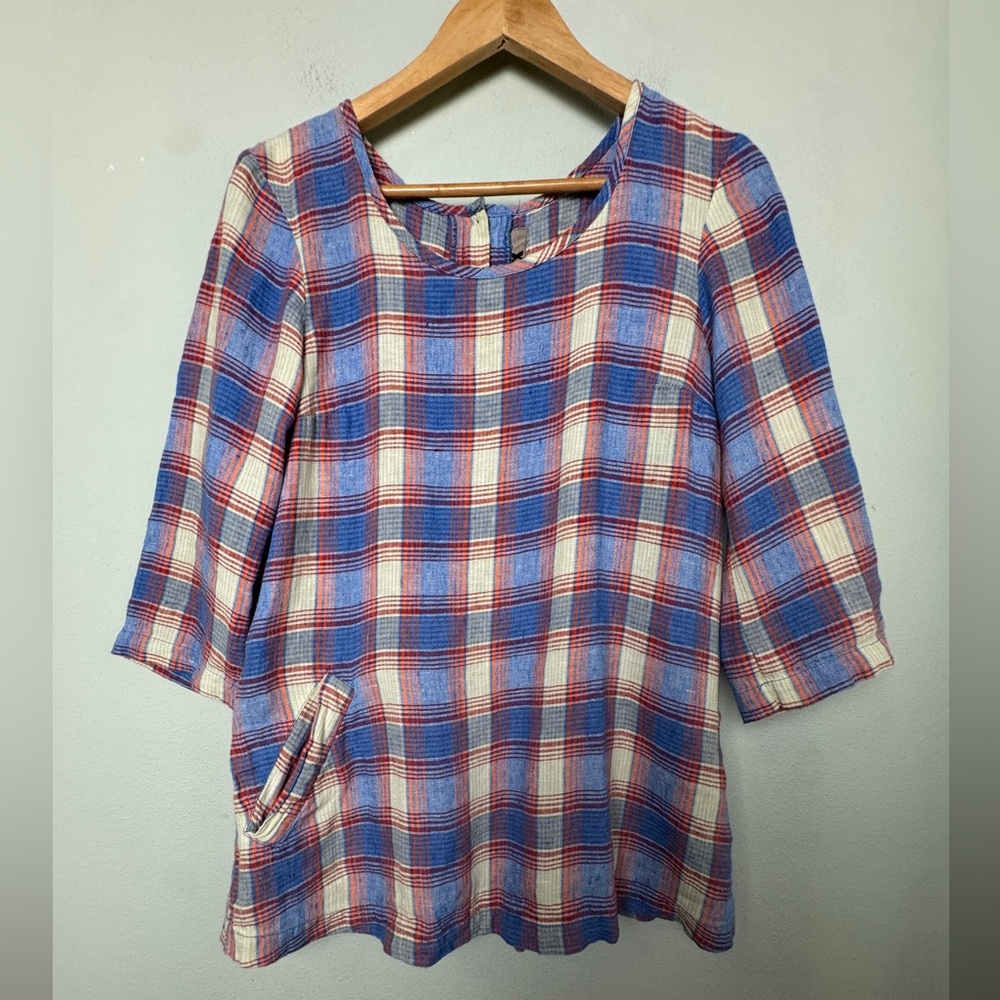 Flax 100% Linen Swing Tunic Top‎ Back Button Blue Orange Plaid Women Size P